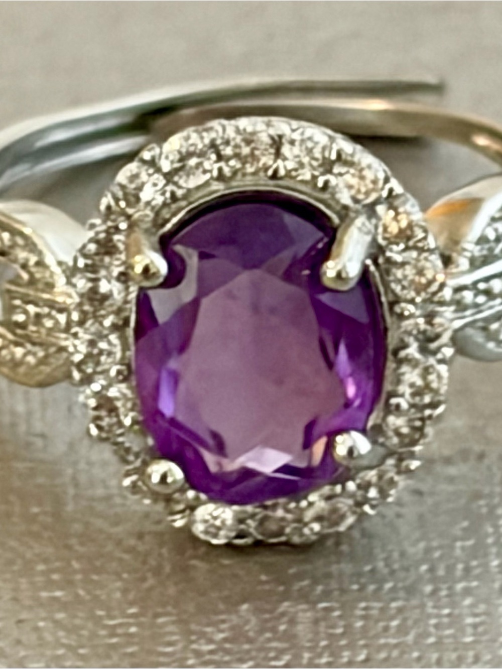Sterling Silver Amethyst Halo Ring with Clear Accents